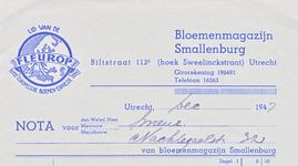 712058 Kop van een nota van F. Smallenburg, Bloemenmagazijn, Biltstraat 113B (hoek Sweelinckstraat) te Utrecht, ten ...